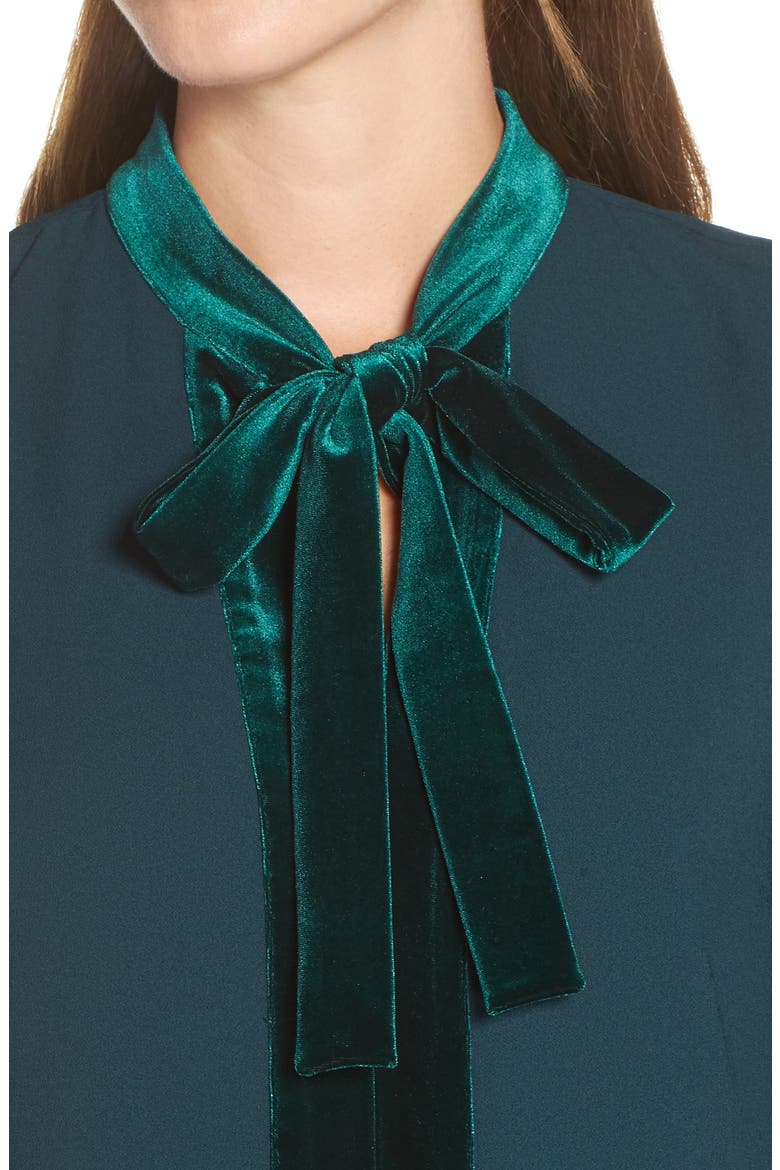 Velvet Trim Tie Neck Dress, Alternate, color, GREEN PONDEROSA