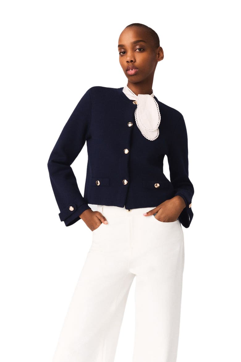 Detachable embroidered collar cardi, Alternate, color, Navy