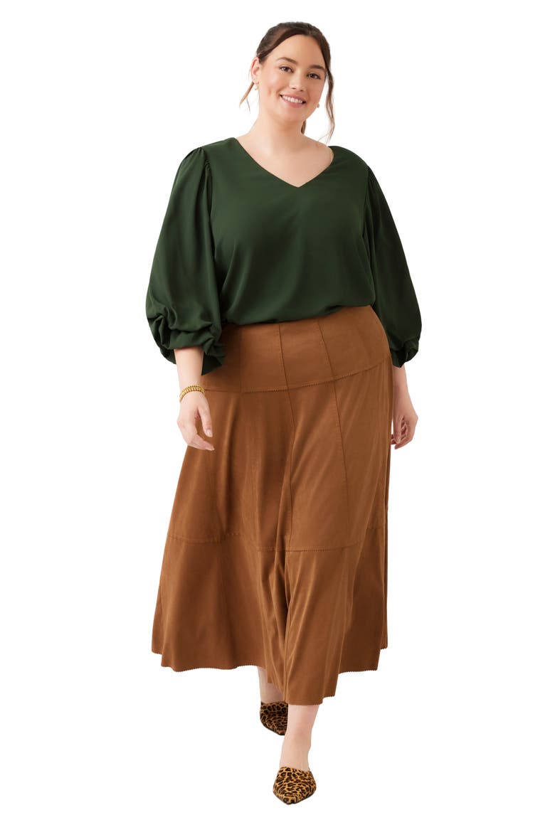 Tiered Faux Suede Midi Skirt, Alternate, color, CAMEL