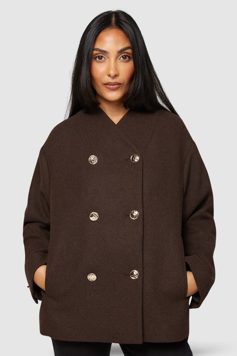 Petite Grown On Neck Peacoat, Main, color, Chocolate