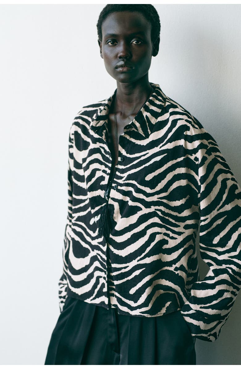 H&M Linen-blend Shirt, Alternate, color, Black/Zebra Print