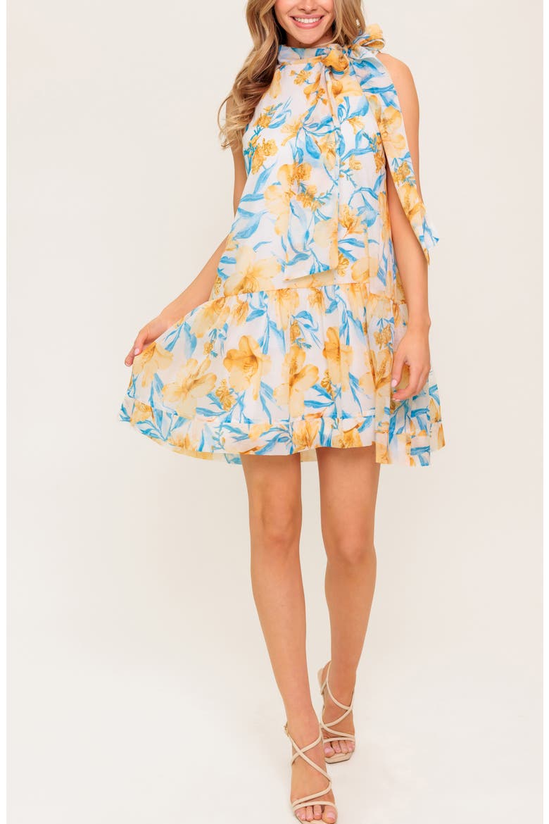 Floral Tie Neck Sleeveless Trapeze Dress, Alternate, color, BLUE/ IVORY