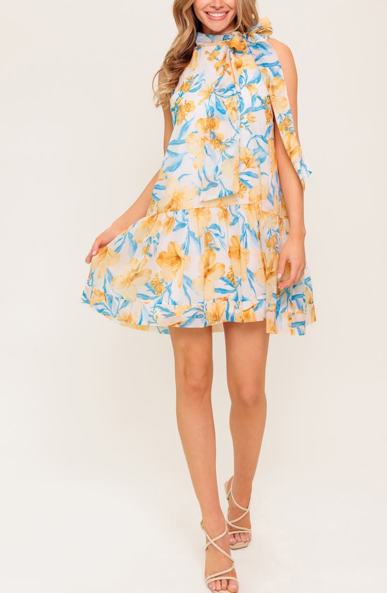 FLYING TOMATO Floral Tie Neck Sleeveless Trapeze Dress, Alternate, color, Blue/ Ivory