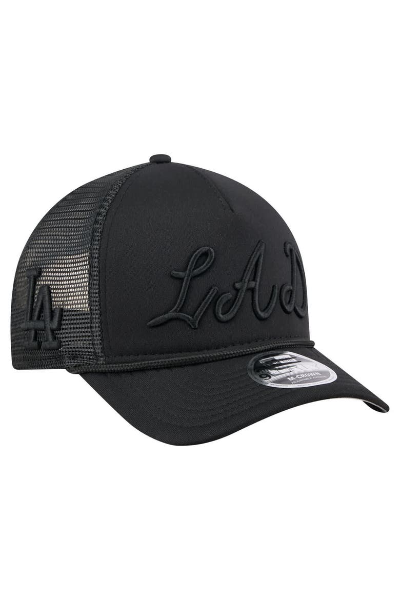 Men's New Era Black Los Angeles Dodgers City Initial 9FORTY A-Frame M-Crown Adjustable Trucker Hat, Alternate, color, Black