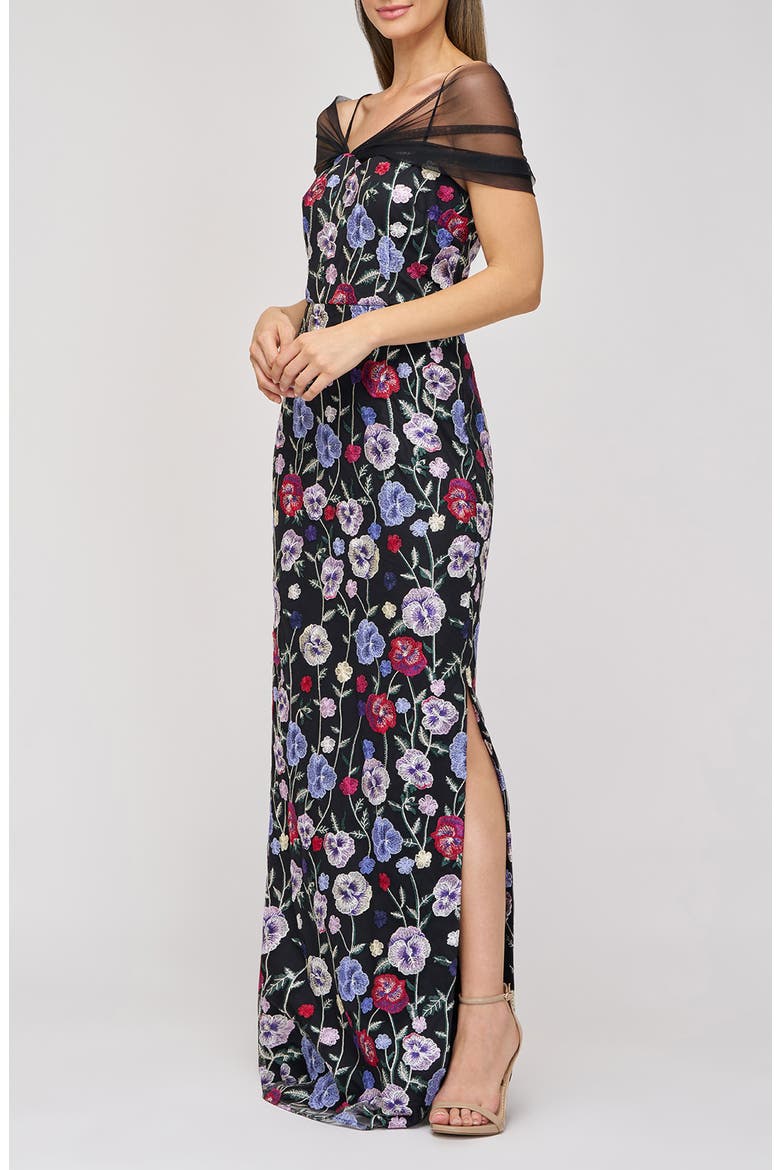 Stormi Floral Embroidery Mesh Sleeve Gown, Alternate, color, BLACK/ MULTI
