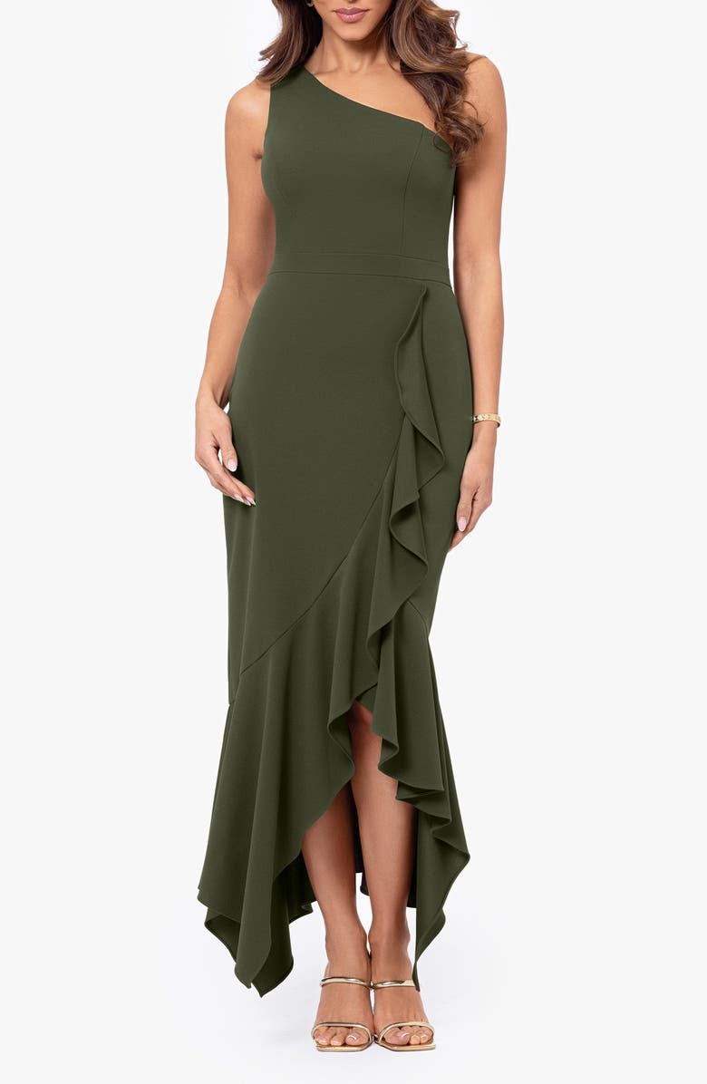 Xscape Evenings One-Shoulder Asymmetric Hem Gown