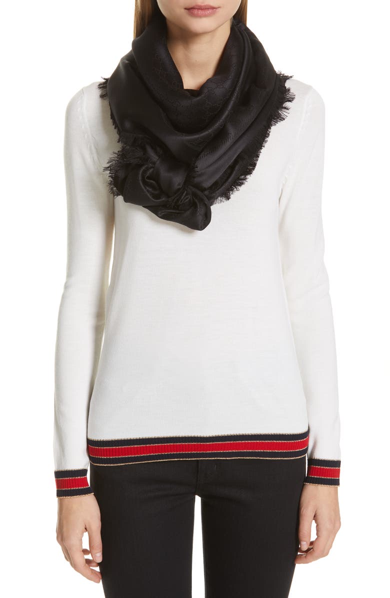 Gucci Ataria GG Logo Jacquard Silk & Wool Scarf, Alternate, color, 