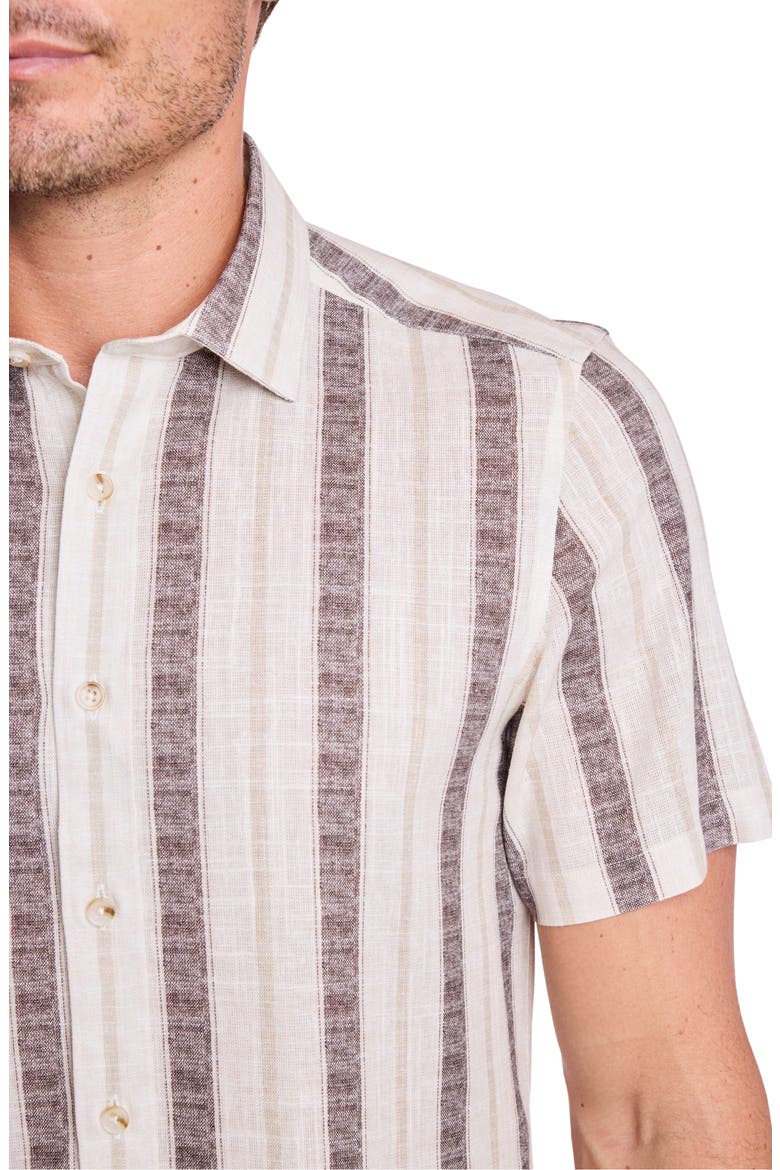Sawyer Short Sleeve Linen Blend Button-Up Shirt, Alternate, color, TAN BROWN STRIPES