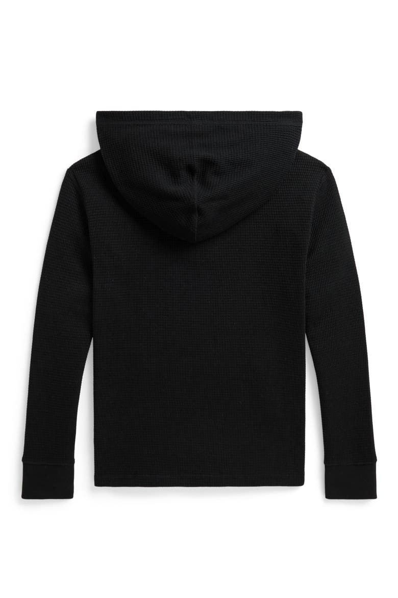 Kids' Waffle Knit Cotton Hooded Henley, Alternate, color, POLO BLACK