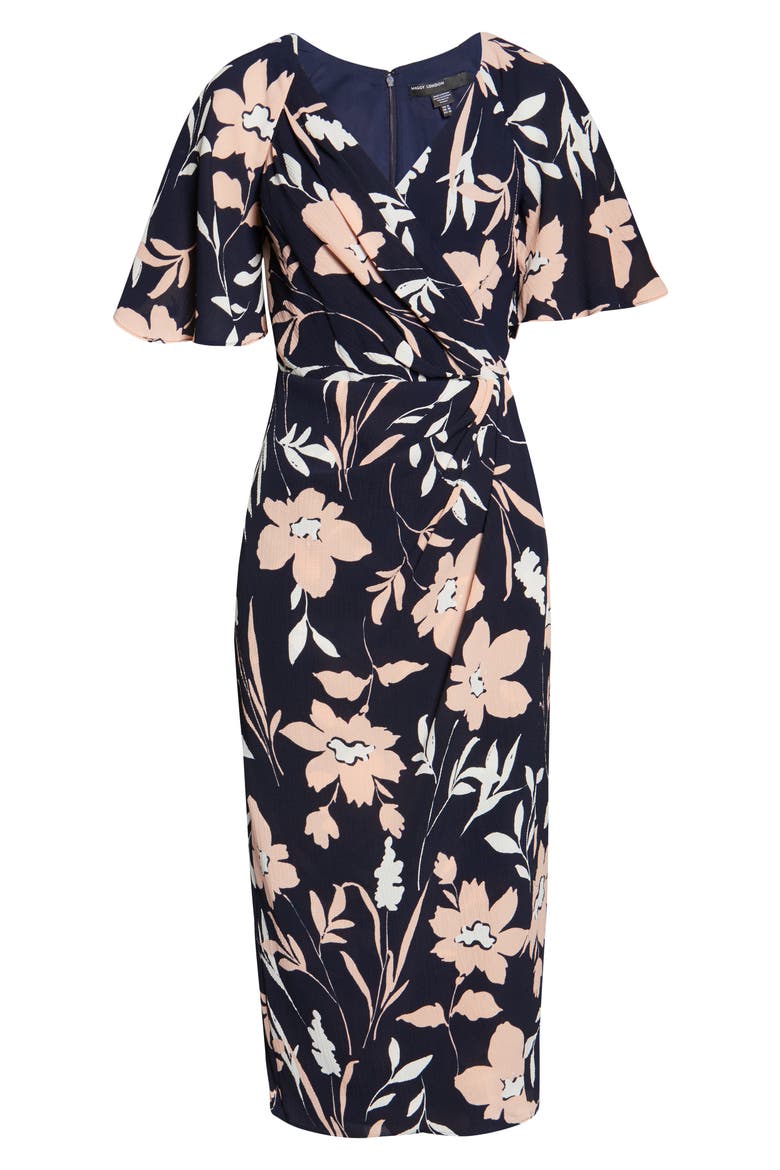 Floral Faux Wrap Crepe Midi Dress, Alternate, color, NAVY/ BLUSH