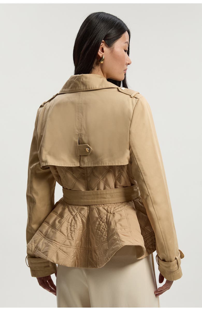 Karen Millen Quilted Padded Peplum Short Trench Coat, Alternate, color, Camel