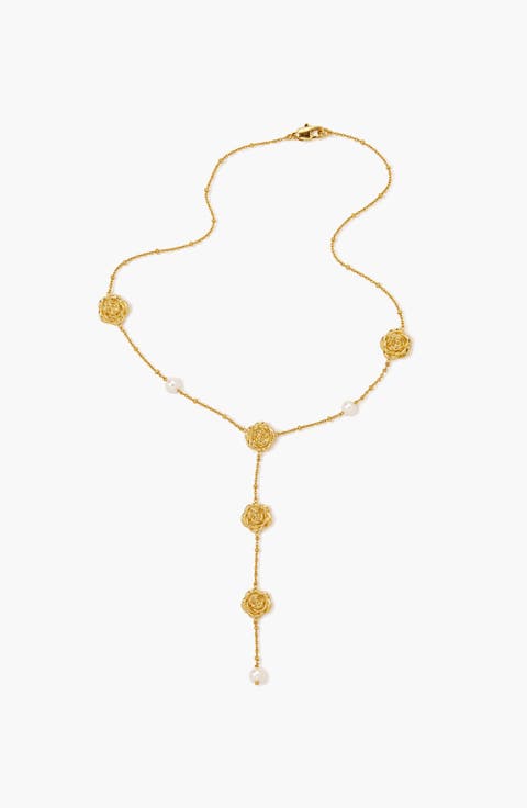 Long Rose Lariat Necklace In Gold & Pearls