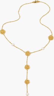 YOJ Long Rose Lariat Necklace In Gold & Pearls