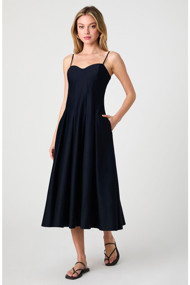 Pleated Stretch Cotton Sateen Midi Dress, Alternate, color, MARINE