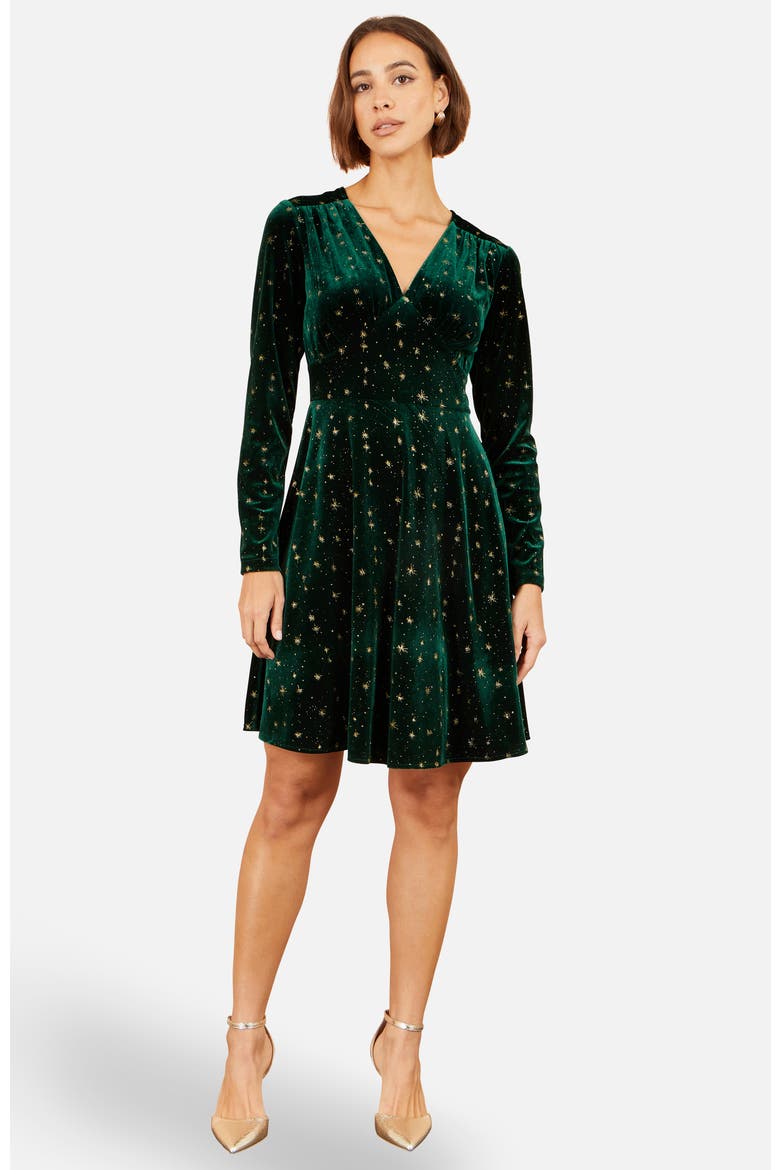 Foil Star Print Velvet Skater Dress, Main, color, Green