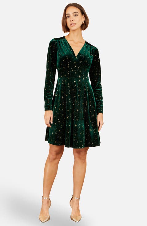 Foil Star Print Velvet Skater Dress