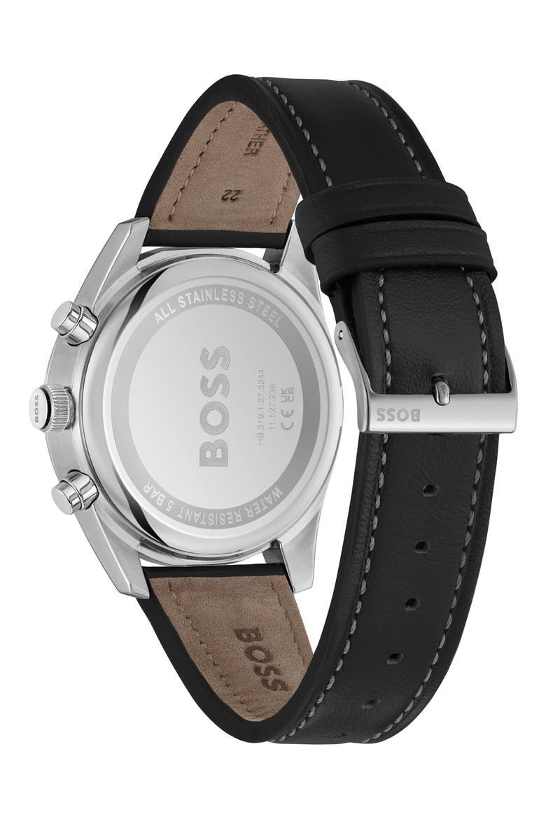Skytraveller Chronograph Leather Strap Watch, 44mm, Alternate, color, SILVER DIAL