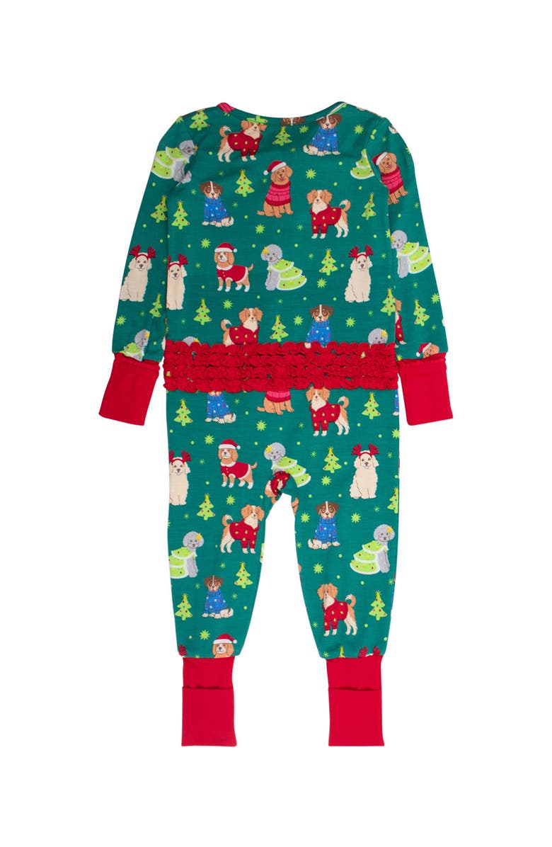 RuffleButts Girls SoftSnooze Holiday Convertible Ruffle One Piece Pajama, Alternate, color, Paw-Liday Pals