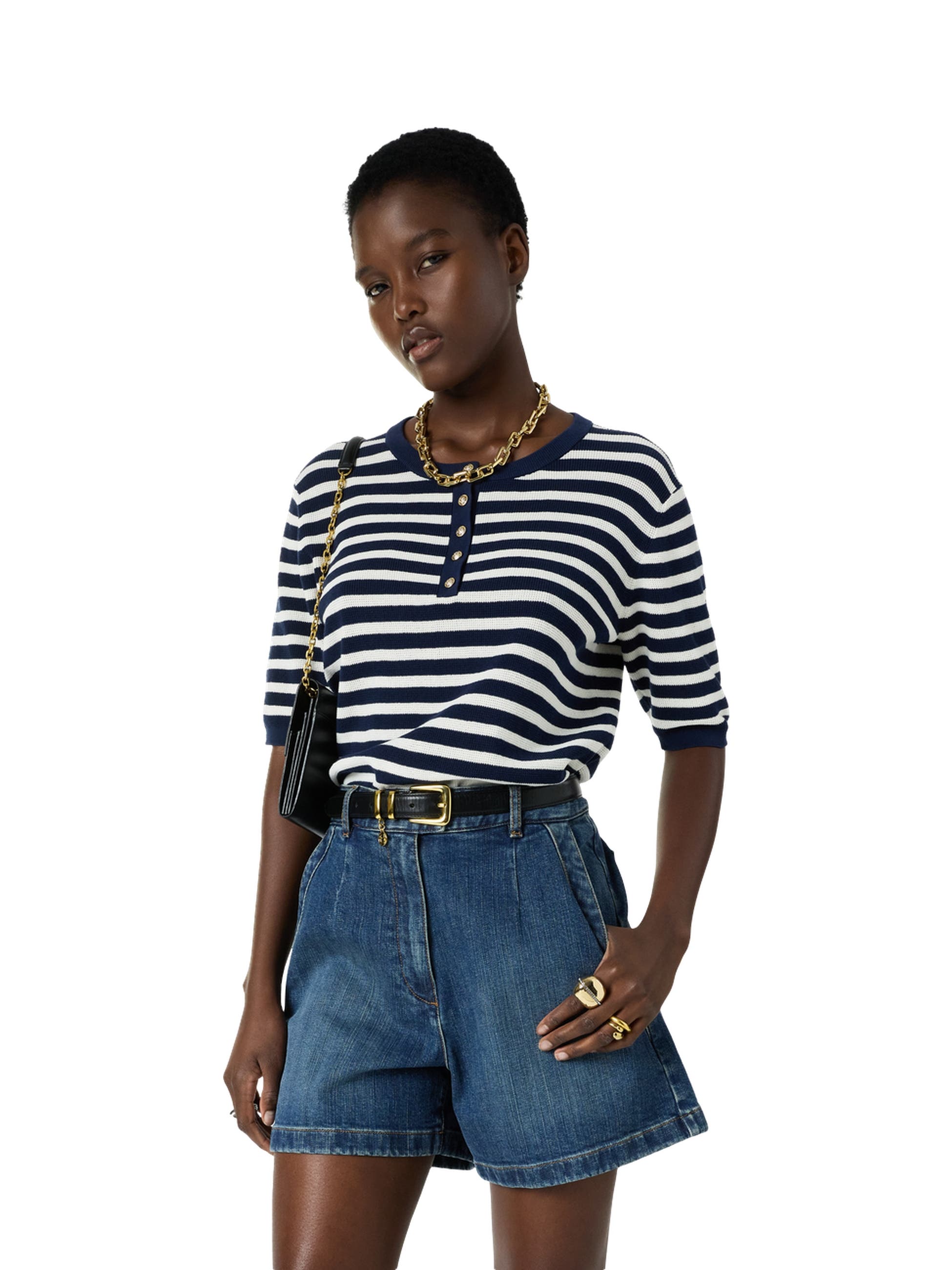 Laina Short Sleeve Button Neck Knit Top
