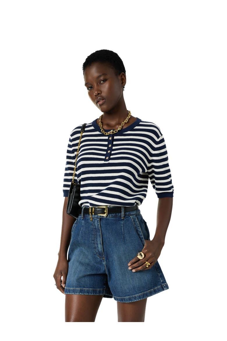 Laina Short Sleeve Button Neck Knit Top, Main, color, Navy Blue