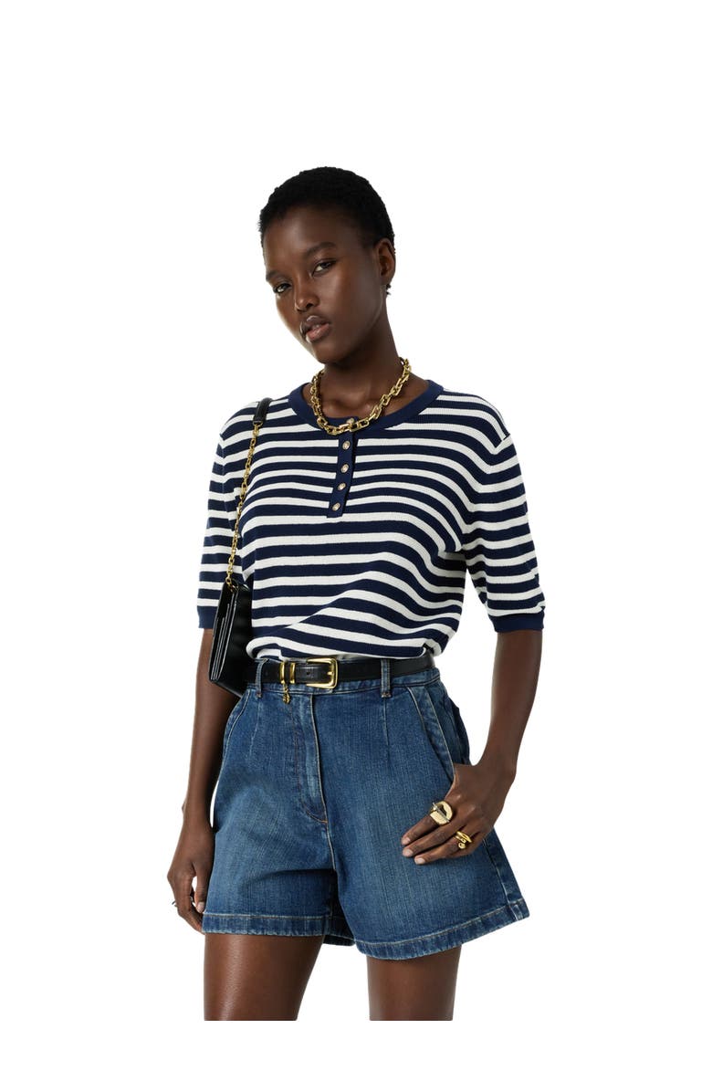 GERARD DAREL Laina Short Sleeve Button Neck Knit Top, Main, color, Navy Blue