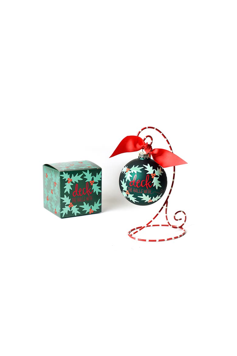 Boughs of Holly Glass Ornament with Red and White Stand, Main, color, Green