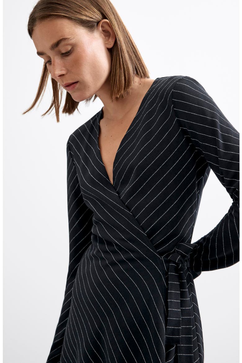 Pinstripe Long Sleeve Faux Wrap Dress, Alternate, color, BLACK