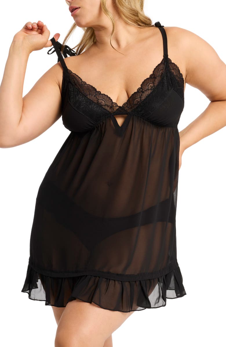 Rya Collection Dahlia Chiffon Babydoll Chemise & Panties Set, Main, color, Black