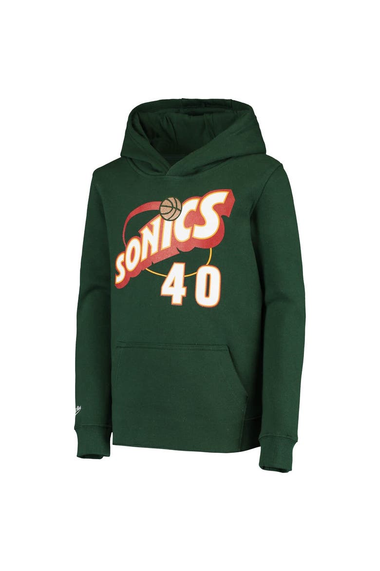 Youth Mitchell & Ness Shawn Kemp Green Seattle SuperSonics Hardwood Classics Name & Number Pullover Hoodie, Alternate, color, Green