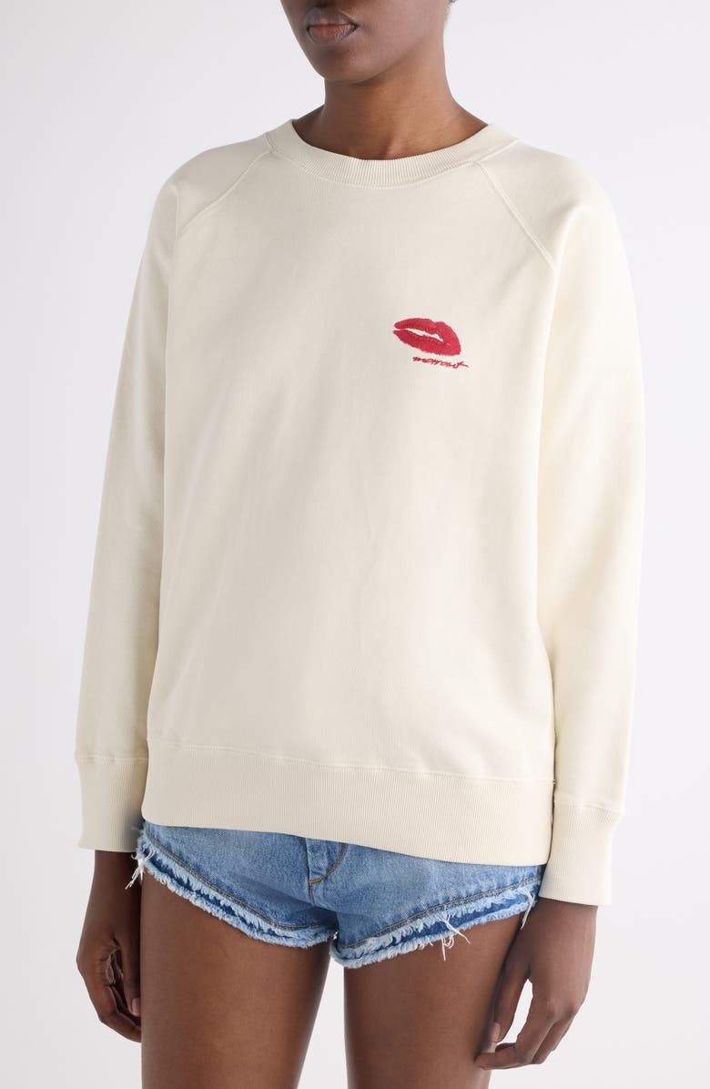 Isabel Marant Étoile Millyny Lips Embroidered Fleece Sweatshirt, Alternate, color, Ecru