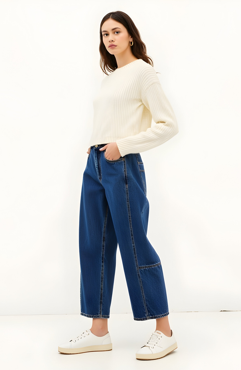 Modenaire Barrel Leg Denim Pants with Contrast Seams, High Waist and Pockets, Alternate, color, Dark Blue