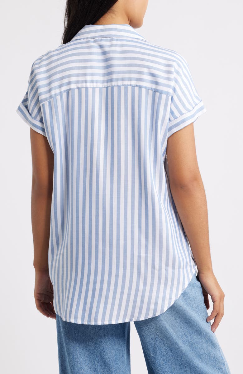 beachlunchlounge Kenzie Stripe Short Sleeve Button-Up Shirt, Alternate, color, Slate Blue