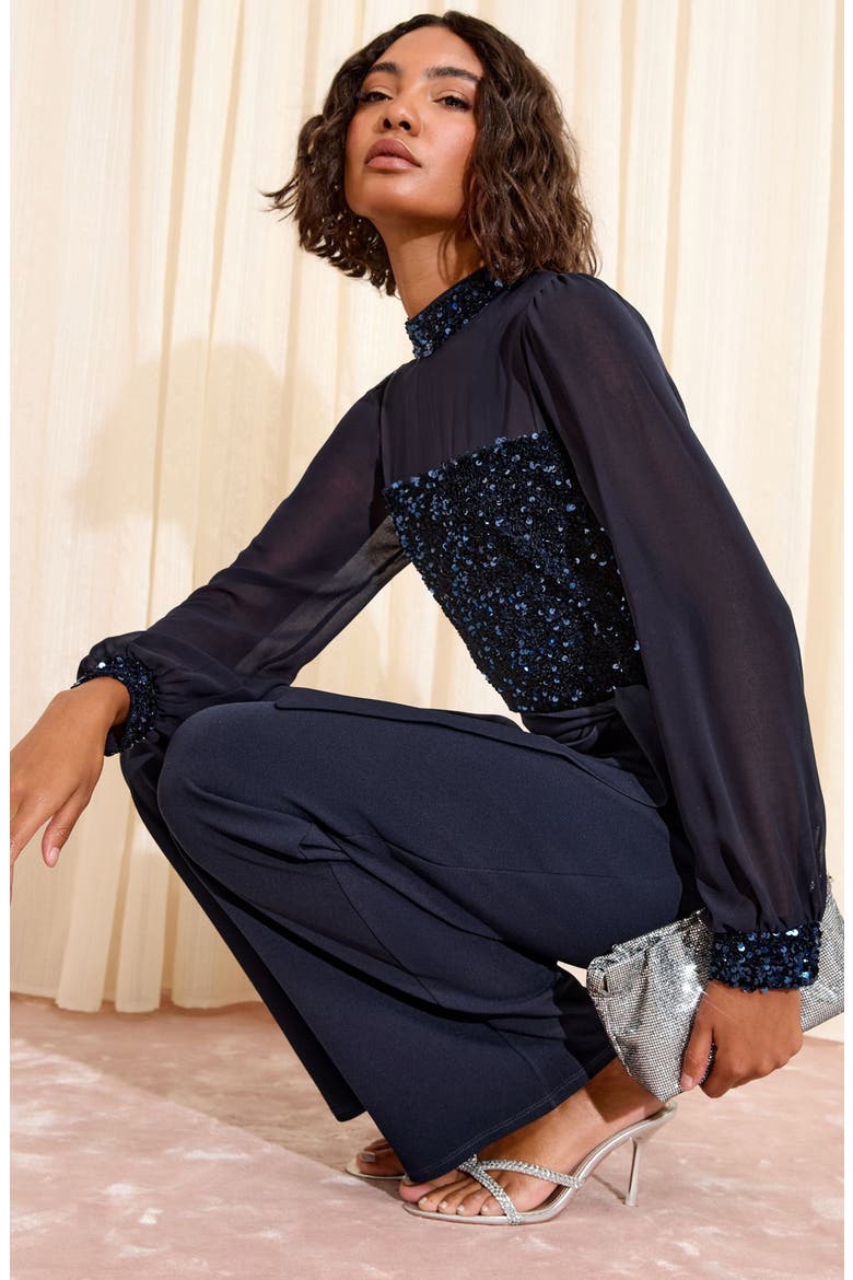 Sequin Mixed Media Long Sleeve Jumpsuit, Alternate, color, NAVY BLUE