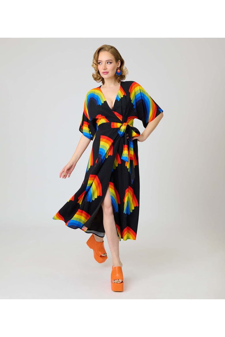 Tie Wrap Surplice Midi Dress, Alternate, color, Black w/ Rainbow Print