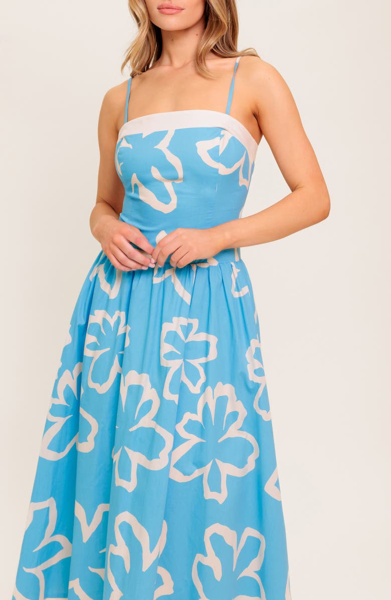 FLYING TOMATO Floral Print Cotton Fit & Flare Midi Dress, Alternate, color, Blue/ Ivory