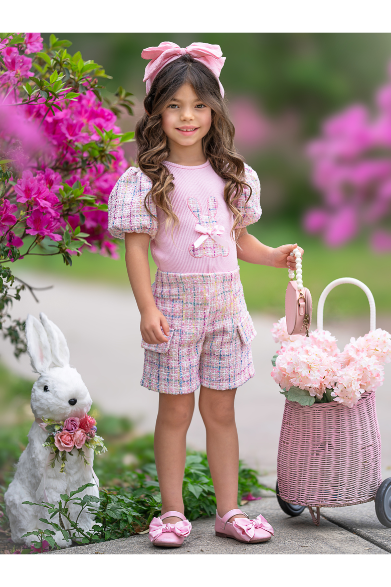 Chic Embroidered Bunny Top and Tweed Girls Short Set, Alternate, color, Pink