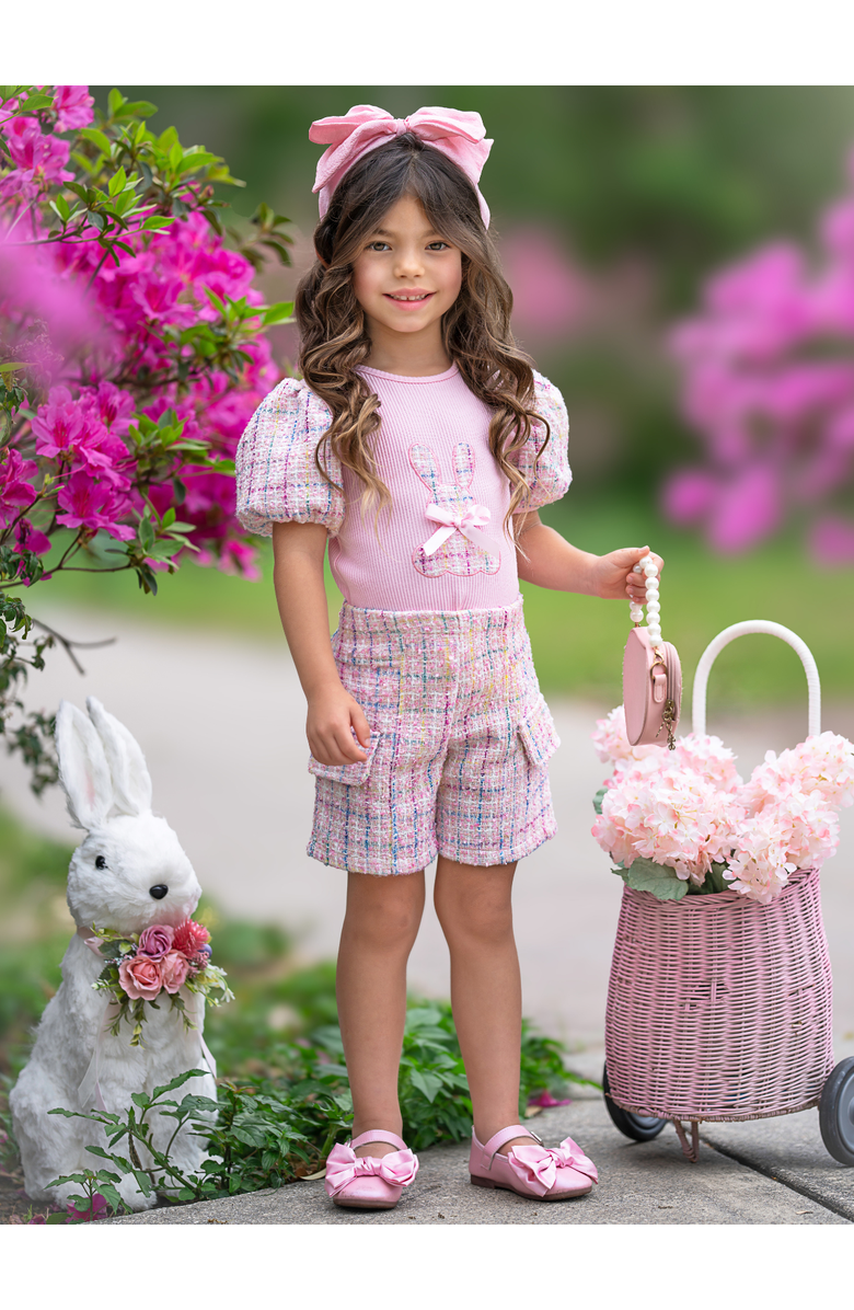 Mia Belle Girls Chic Embroidered Bunny Top and Tweed Girls Short Set, Alternate, color, Pink