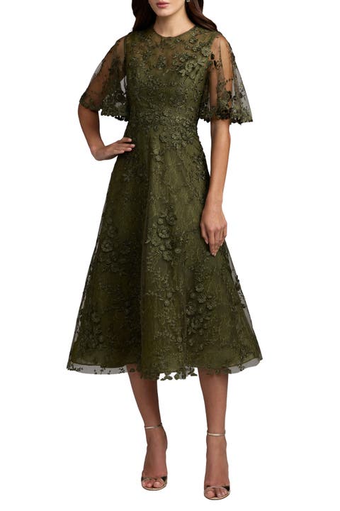 Flutter Sleeve Embroidered Cocktail Midi Dress