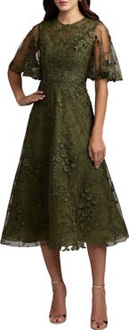 Mac Duggal Flutter Sleeve Embroidered Cocktail Midi Dress