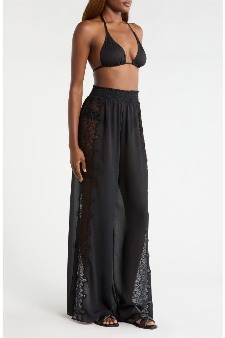 Athena Lace Semisheer Split Hem Wide Leg Cover-Up Pants, Alternate, color, BLACK