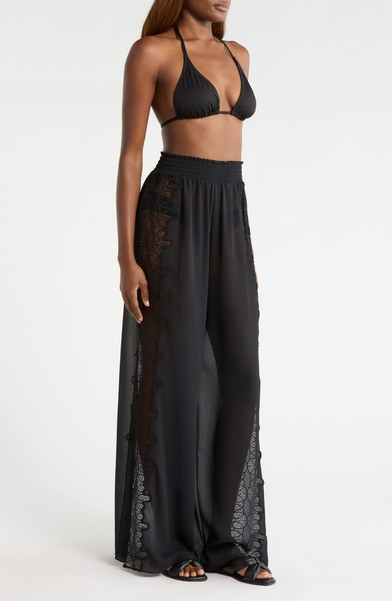 Ramy Brook Athena Lace Semisheer Split Hem Wide Leg Cover-Up Pants, Alternate, color, Black