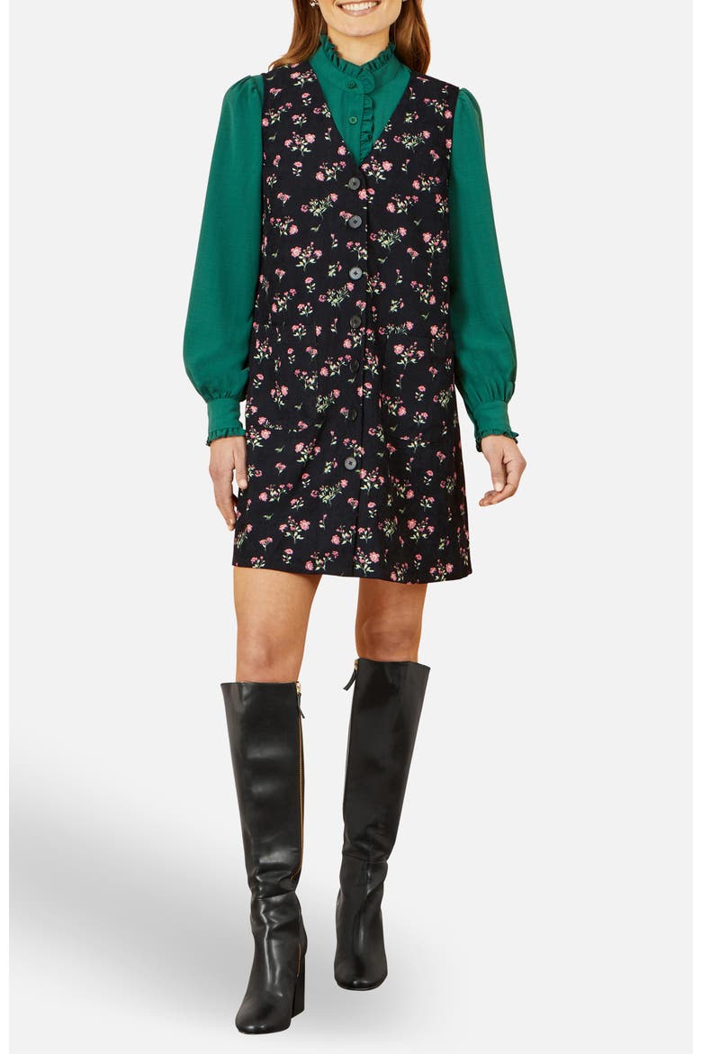 Floral Print Pinafore Dress, Alternate, color, Black
