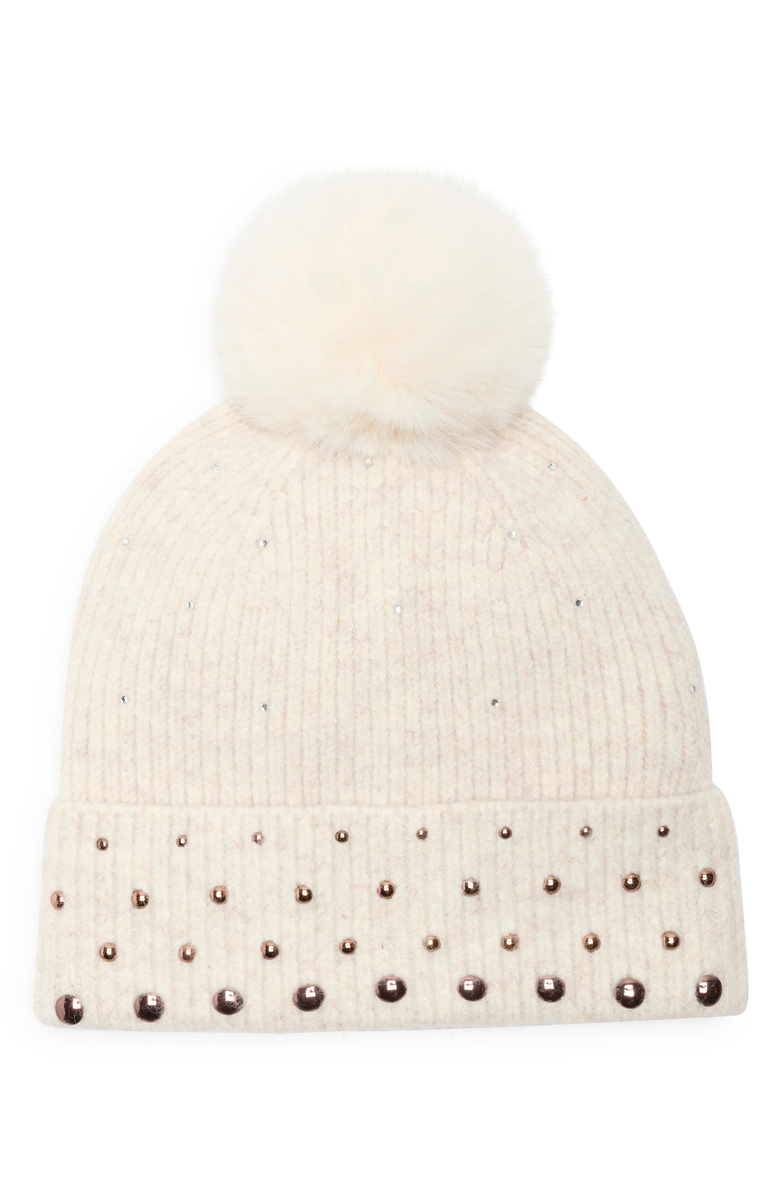 BCBGeneration Studded Faux Fur Pompom Beanie