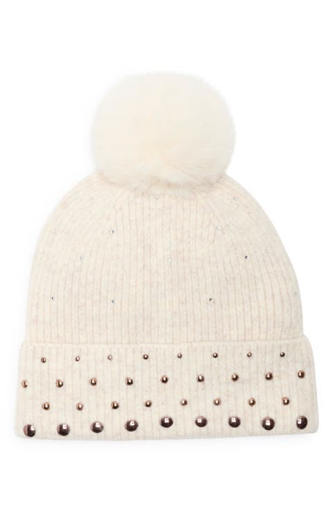 Studded Faux Fur Pompom Beanie