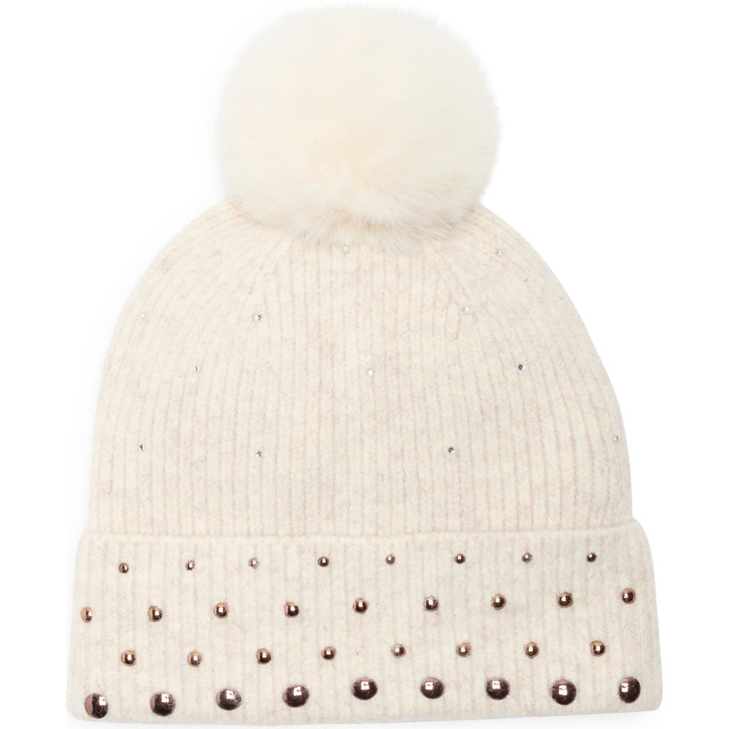 Bcbg Studded Faux Fur Pompom Beanie In Neutral