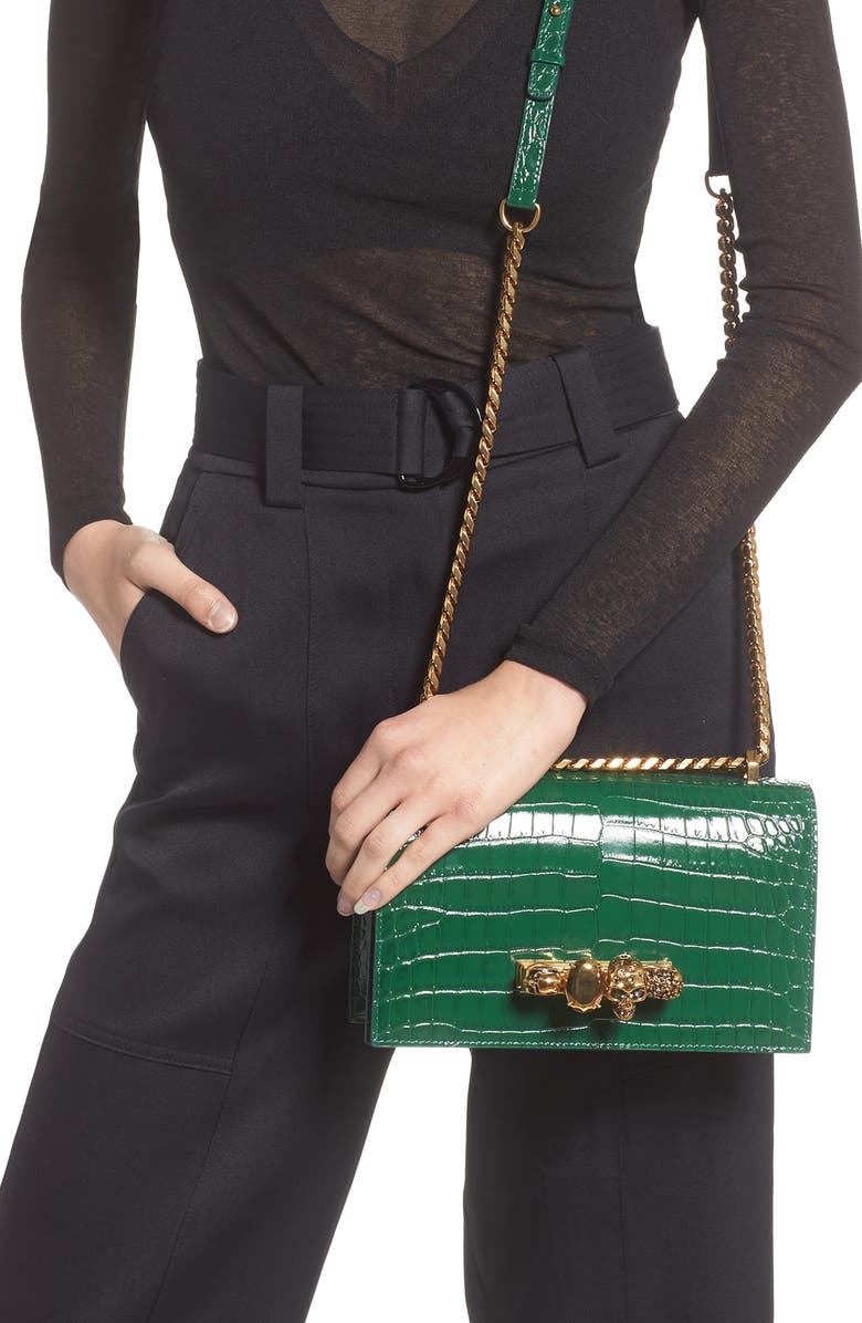 McQueen Alexander McQueen Knuckle Ring Croc Embossed Leather Crossbody Bag, Alternate, color,