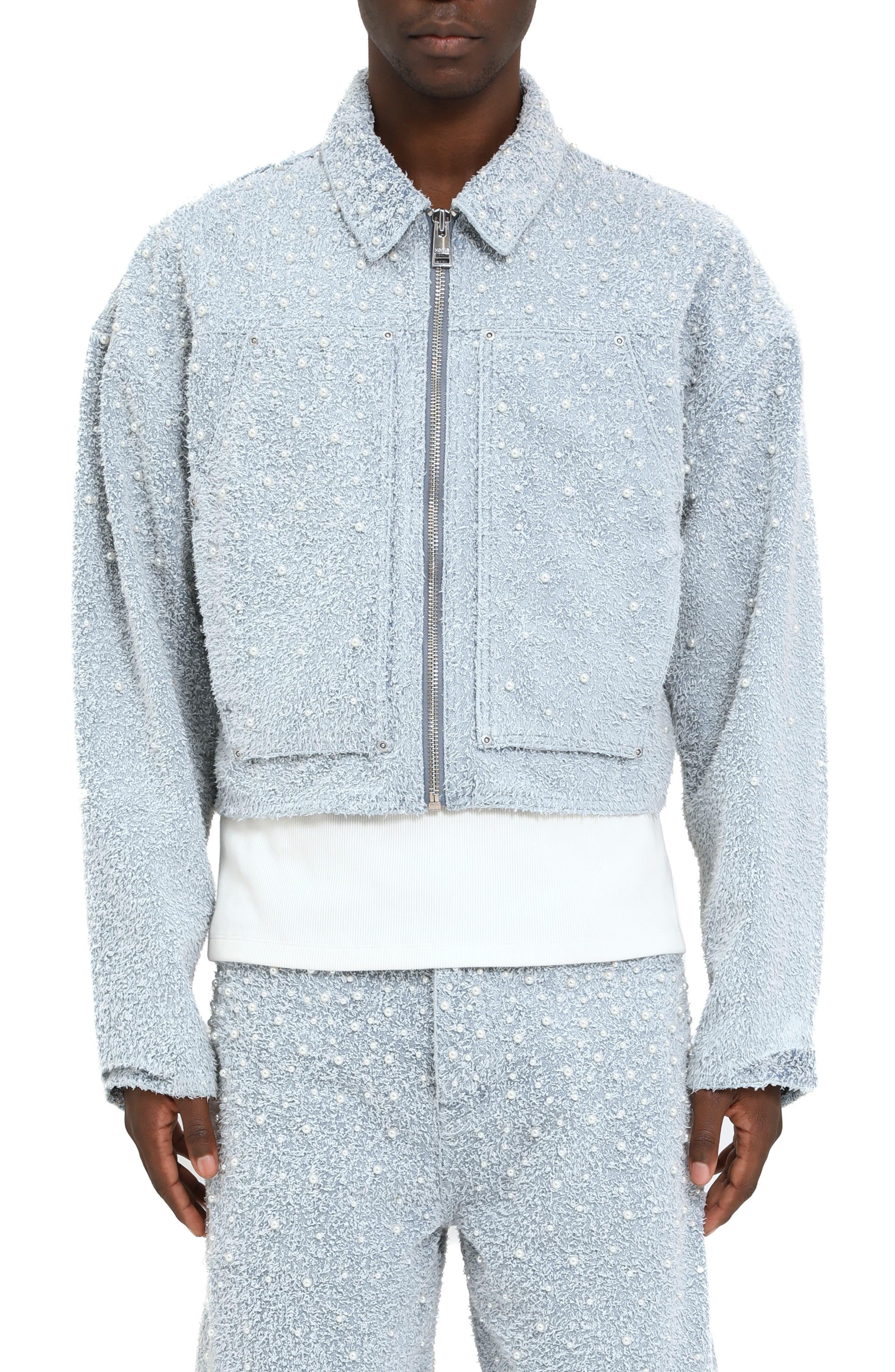Faux Pearl Textured Crop Jacket