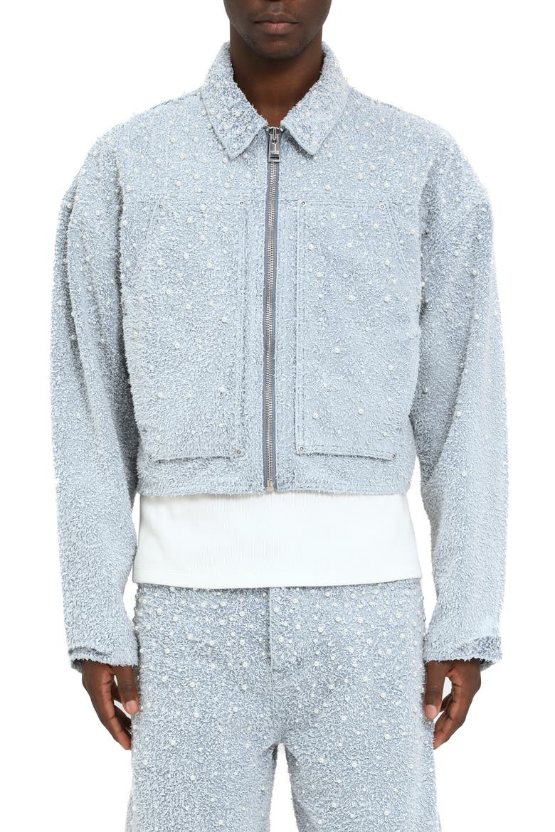 Faux Pearl Textured Crop Jacket, Main, color, LT INDIGO