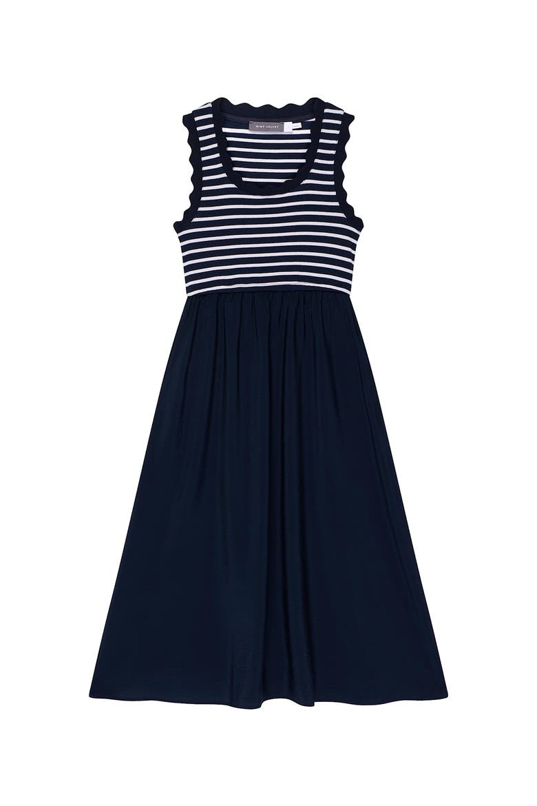 Striped Scallop Trim Midi Dress, Alternate, color, Navy