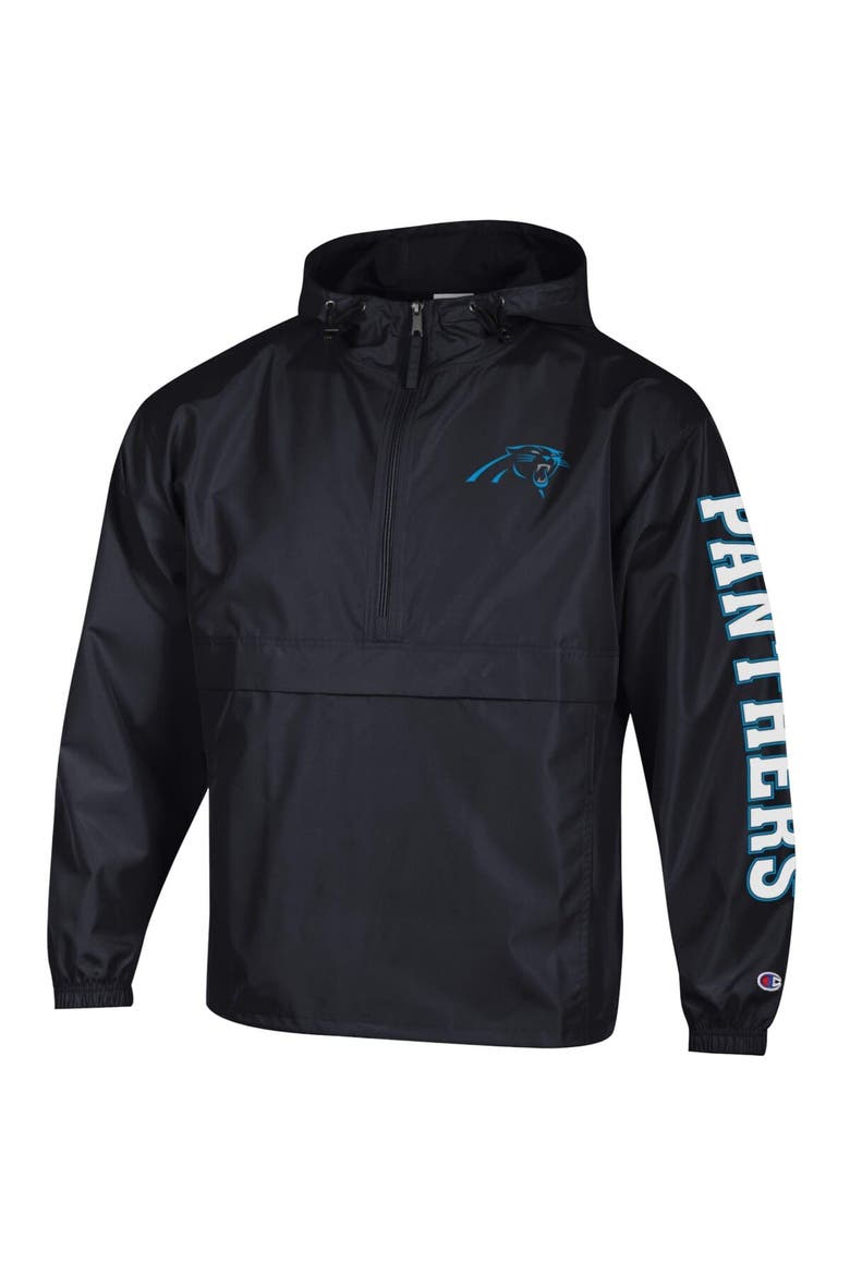 Men's Champion Black Carolina Panthers Packable Hooded Windbreaker Half-Zip Jacket, Alternate, color, Black